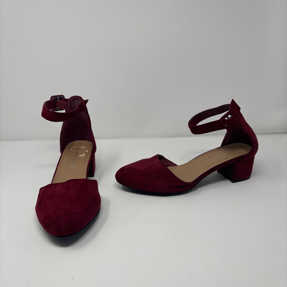 Ashley Stewart Heels Women 10W Burgundy Vegan Suede Ankle Strap Block Heel